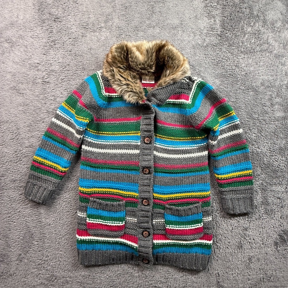 Hanna Andersson 130 Kids Striped Cardigan Faux Fur Collar Wool Blend Jacket - Picture 1 of 6